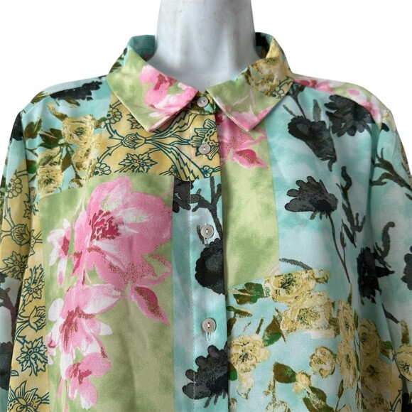 Rose + Olive Floral Sheer Boho Top XL Multicolor Patchwork Button Up Y2K Blouse - Picture 3 of 8